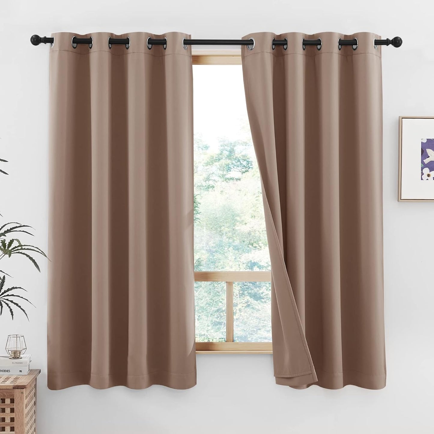 NICETOWN Bedroom Cold Reducing Full Blackout Curtain Panels, Super Thick Insulated Window Covers, 100% Blackout Blinds with Same Color Liner for Small Window(Tan, Set of 2 PCs, 52 by 45-inch)