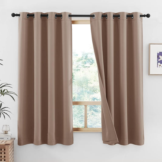 NICETOWN Bedroom Cold Reducing Full Blackout Curtain Panels, Super Thick Insulated Window Covers, 100% Blackout Blinds with Same Color Liner for Small Window(Tan, Set of 2 PCs, 52 by 45-inch)