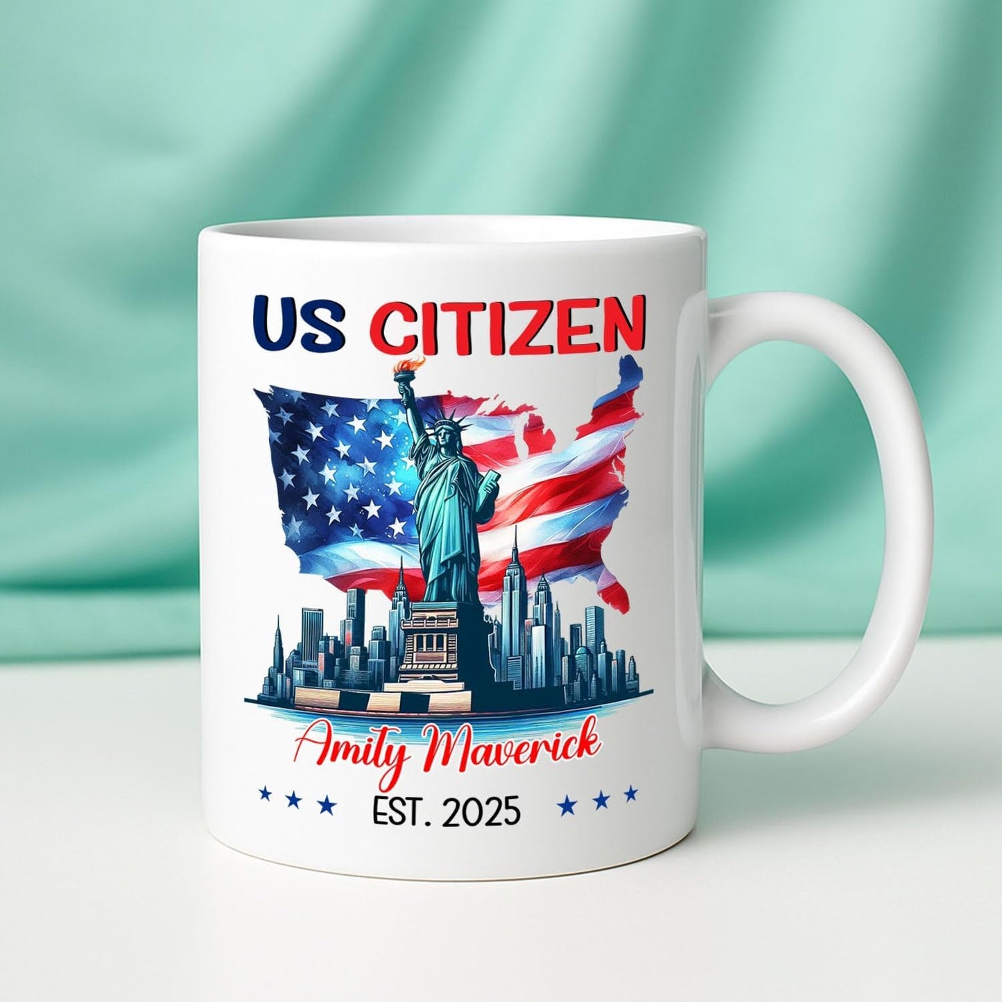 Customized Year & Name American Flag White Mug Gift For Dad Mom Friend Bestie, Unique New US Citizen Ceramic Coffee Cup 11 15Oz, Personalized US Citizenship Travel Coffee Mug, American Citizen Teacup