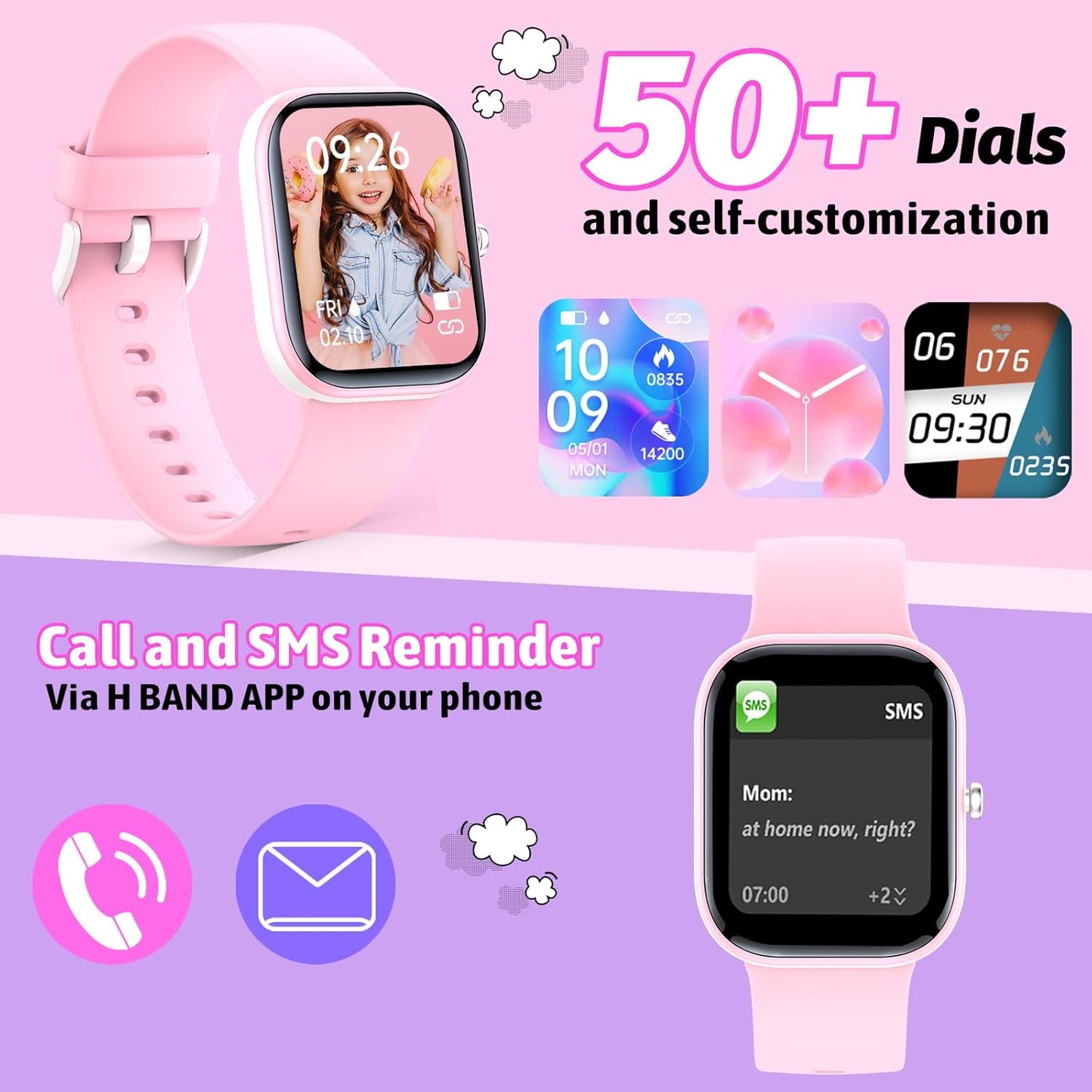 Kids Watch with Fitness Tracker No Phone/APP Needed,19 Sport Mode,1.5" DIY Dial,IP68 Waterproof,Sleep Monitor,Pedometers,Heart Rate,Great Birthday Gift for Boys Girls Teens 6-14 (Pink)
