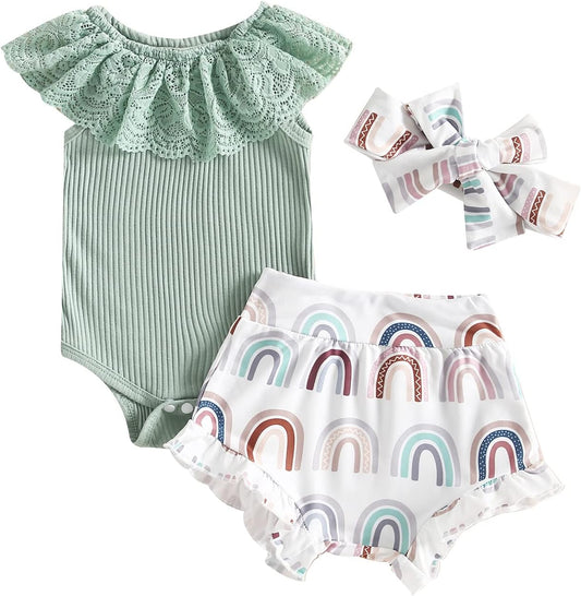 fhutpw Baby Girl Clothes Summer Cute Outfits 3 6 12 18 Months Spaghetti Strap Romper & Floarl Shorts Sets