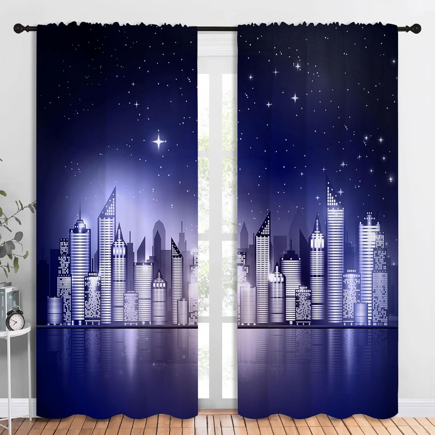 City Rod Pocket Blackout Curtains for Boy Girl Bedroom, New York Skyline Modern City Starry Sky Night View Thermal Insulated Home Window Drapes for Living Room Darkening, 84x72 inch