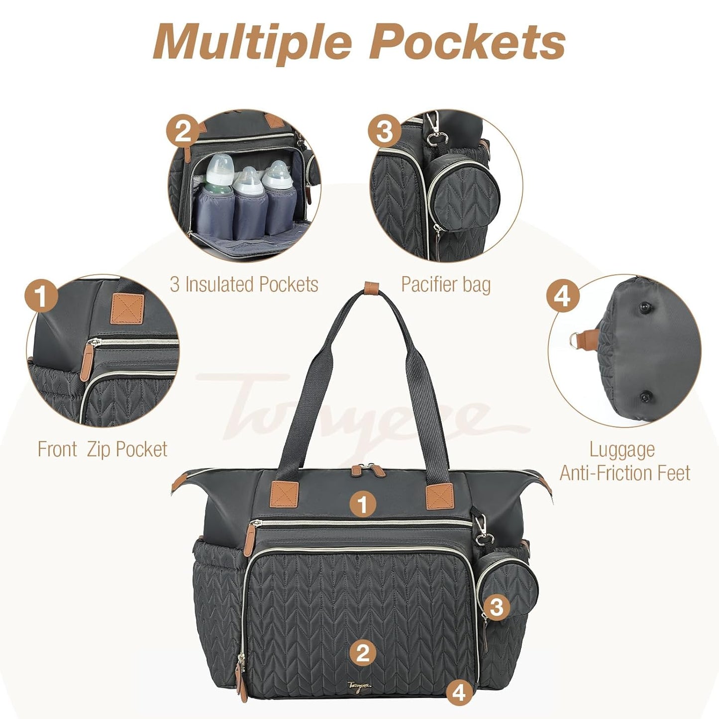 Diaper Bag Tote, Large Baby Diaper Bags Waterproof, Hospital Bag for Labor Delivery with Pacifier Case, Changing Pad, Shoulder Strap, Dark Gray