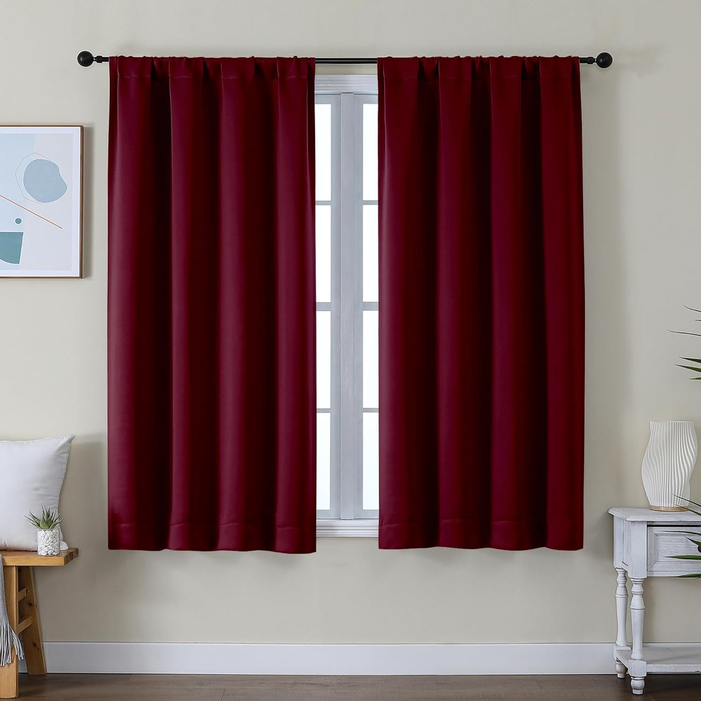 Simplebrand Ava Burgundy Short Blackout Curtains for Bedroom 54 Inches Long 2 Panels Set, Solid Thermal Insulated, Energy Saving Window Treatment Curtains Blackout Drapes, W40 x L54 Inch, Burgundy