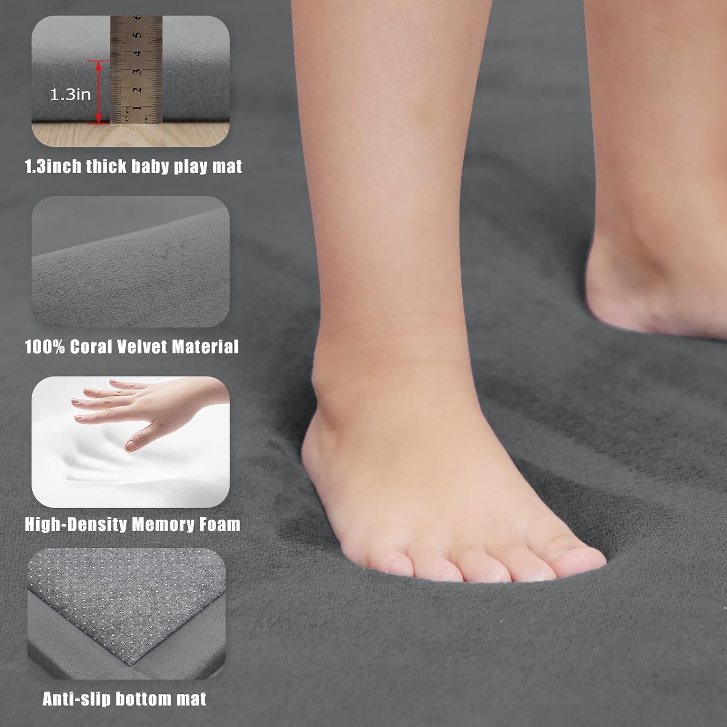 Baby Play Mat for Floor, 1.3" Thick Memory Foam Muscle Playpen Cushion, Soft Coral Velvet Tummy Time Mat with Non-Slip Backing, Water Repellent Child Nursery Rug for Toddlers, Kids (Dark Grey, 39X59)