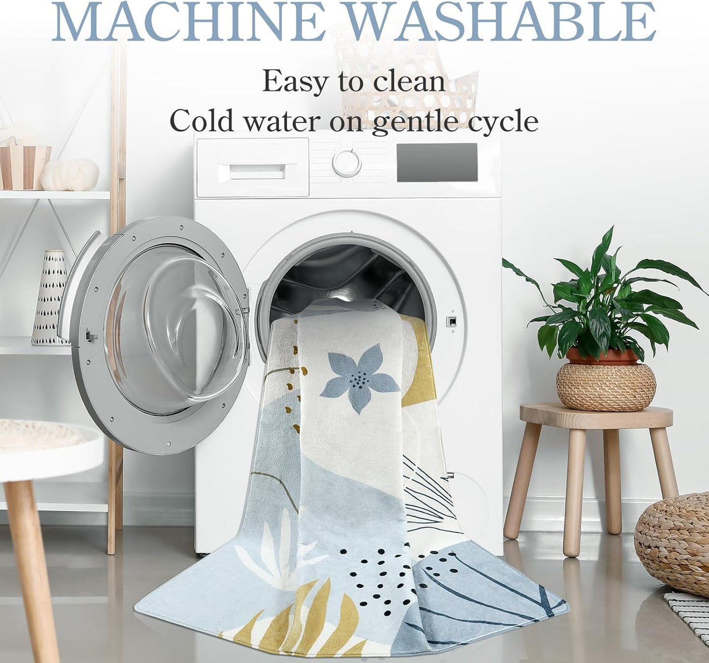 Lahome Boho Washable Blue Rug - 3x5 Small Non-Slip Low-Profile Carpets for Living Room, Bedroom, Entryway, Laundry Room, Kitchen, Office