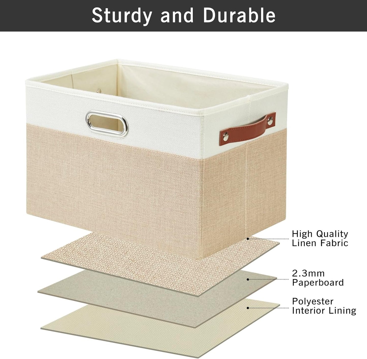 Large Collapsible Fabric Storage Bins with 3 Handles, Foldable Organizer Baskets for Closet, Shelves, Living Room | 3 Pack, Durable PU & Metal Handles (14.9"x9.8"x9.8", Beige & White)