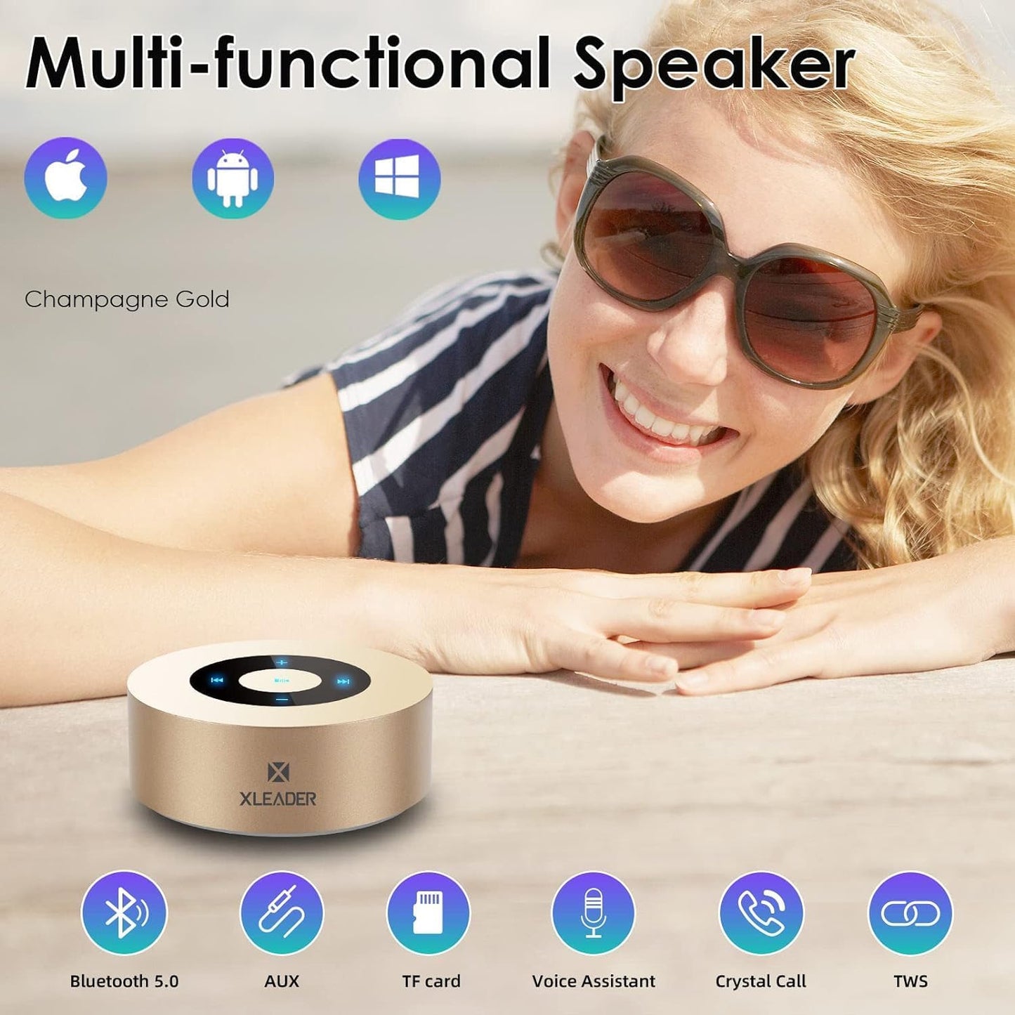 XLeader Small Bluetooth Speaker (Gift Box Packed) Portable Speakers Bluetooth Wireless with Micro SD,Mic, Aux input, Touch Design, Deep Bass, 12H Playtime, Little speaker for Phone Laptop PC Car, Gold