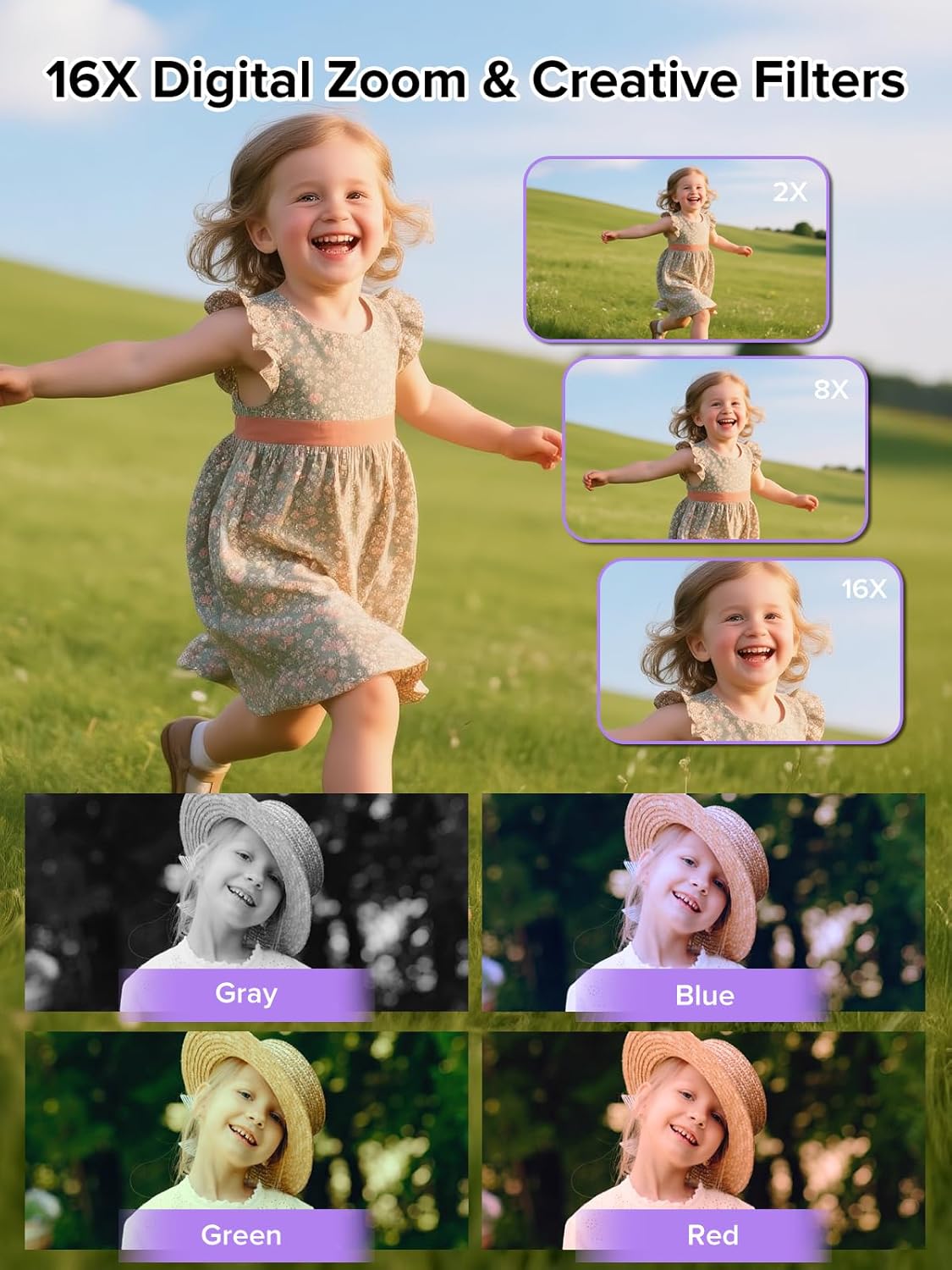 Digital Camera, 44MP Full HD 1080P Point and Shoot Camera with 64GB Card, Anti Shake 16X Zoom Compact Volg Cameras, Portable Small Digicam Gift for Kids, Ages Teen Girl Boy - Purple