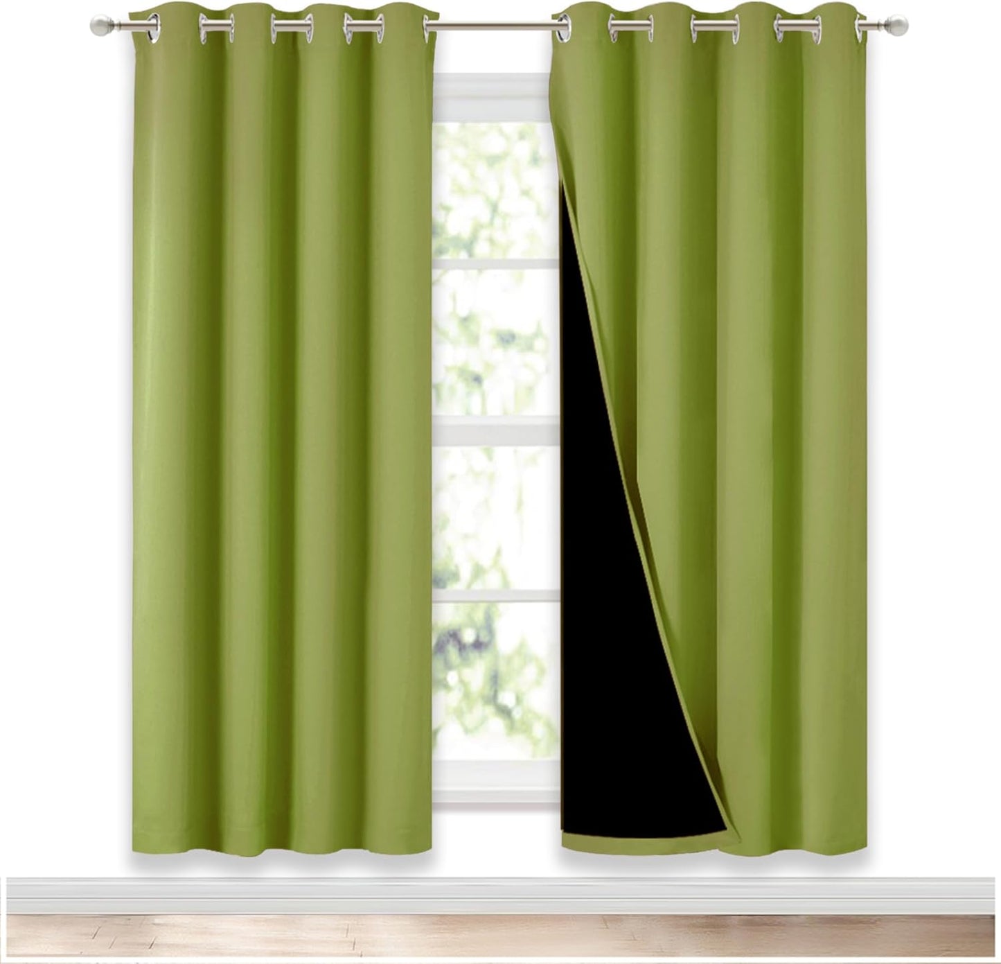 NICETOWN 100% Blackout Window Curtain Panels, Fresh Green, 2 Pieces, 52-inch Wide Per Panel, Full Light Blocking Drapes with Black Liner for Nursery, 72-inch Drop Thermal Insulated Draperies