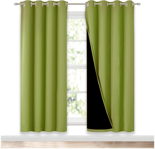 NICETOWN 100% Blackout Window Curtain Panels, Fresh Green, 2 Pieces, 52-inch Wide Per Panel, Full Light Blocking Drapes with Black Liner for Nursery, 72-inch Drop Thermal Insulated Draperies
