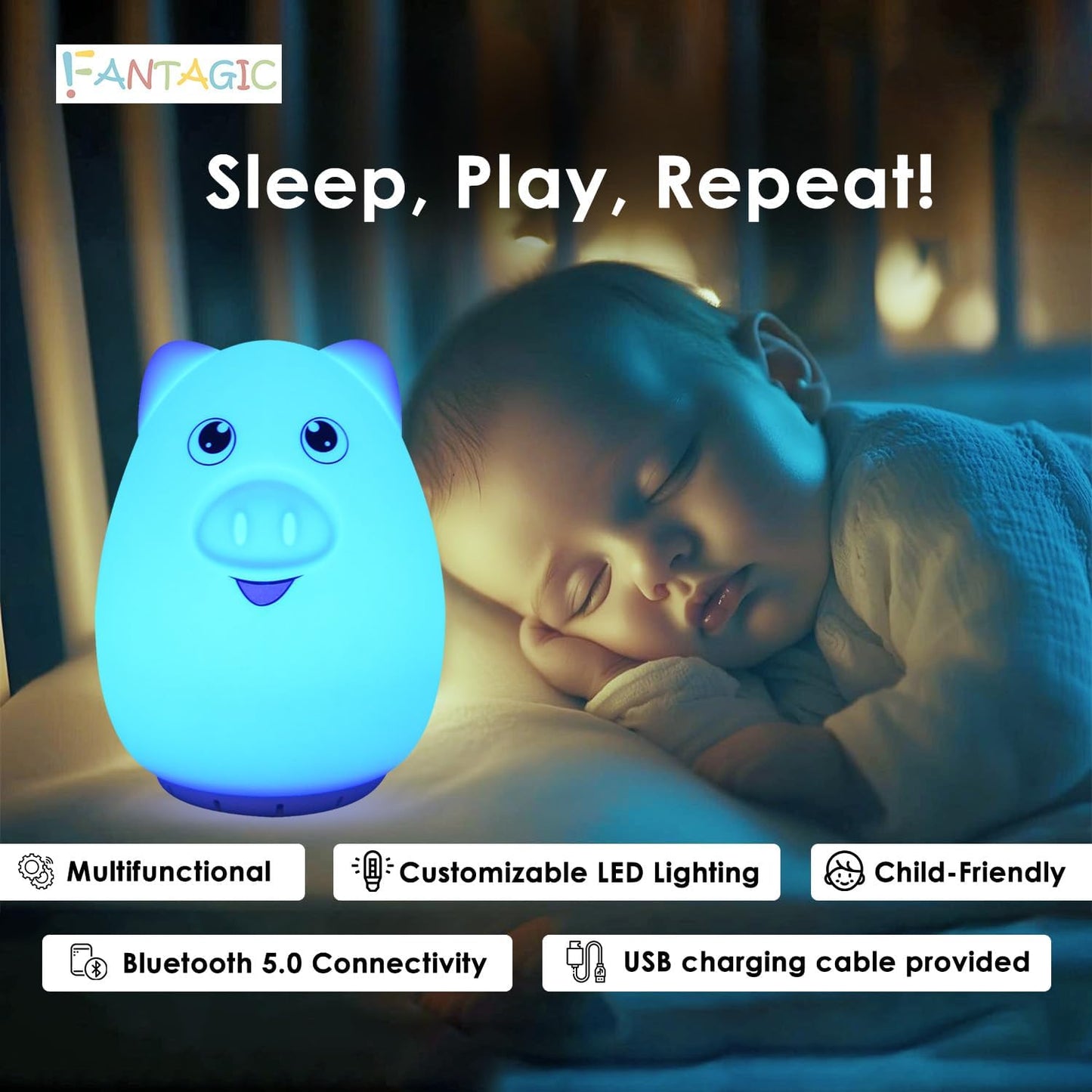 Combined Bluetooth Speaker & Nightlight With 9 Color Emissions, Child Friendly Silicone & BPA Free, USB Recharging, Receives Audio From Computer, Phone Or Tablet, and includes Remote Control (Pig)