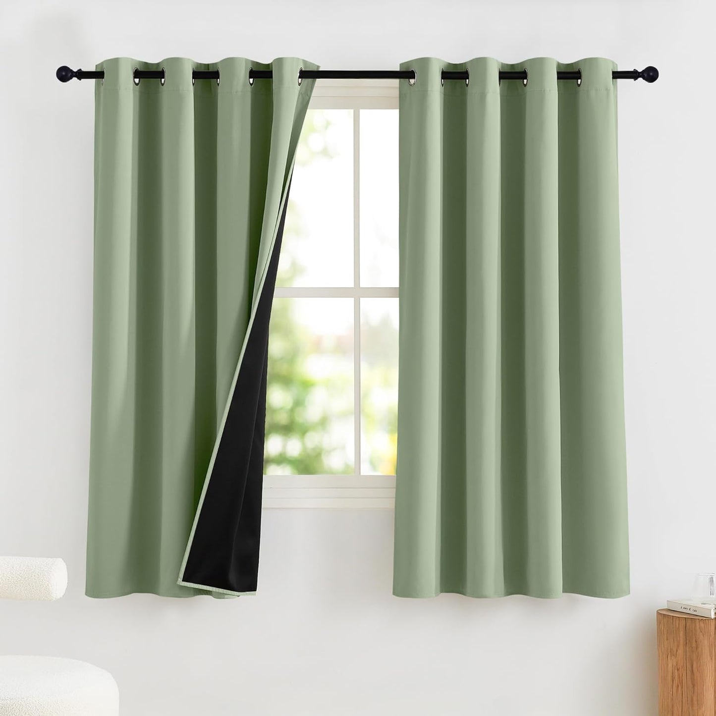 NICETOWN 100% Blackout Short Curtains for Kids Bedroom, Thermal Insulated Window Curtains 63 Inch Length 2 Panels Set, Grommet Top Drapes for Living Room, 52" W x 63" L, Olive