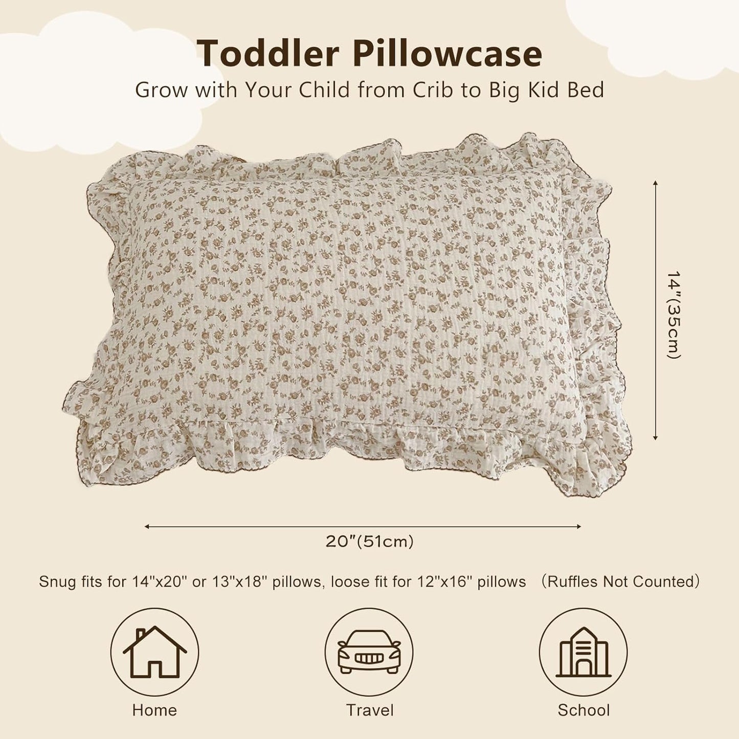 BuLuTu Cotton Muslin Kids Toddler Pillowcase with Cute Camellia Flowers Super Soft Travel Pillow Nursery Pillowcase for Boys,Girls,Bedding Decor Machine Washable, Durable Pillowcase,1 Piece,14"x20"