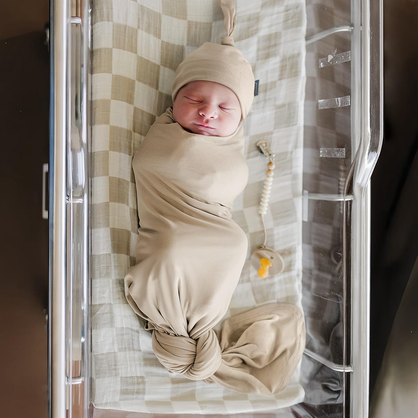 GRSSDER Newborn Swaddle Blanket, Ultra Soft Jersey Receiving Blanket with Matching Headband and Beanie Set 33×44", Stretchy Baby Neutral Swaddle Wrap for Girls and Boys