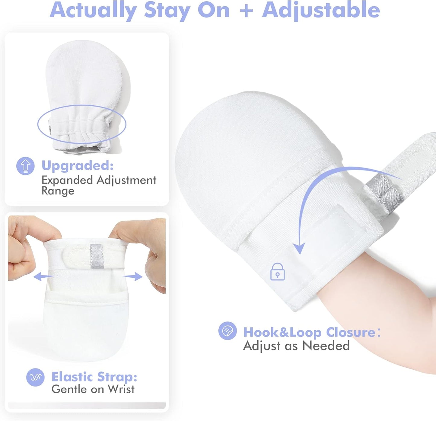 HAPIU Baby No Scratch Mittens Stay On, 100% Cotton Breathable, Adjustable Infant Gloves for Boys Girls, Newborn - 12 M