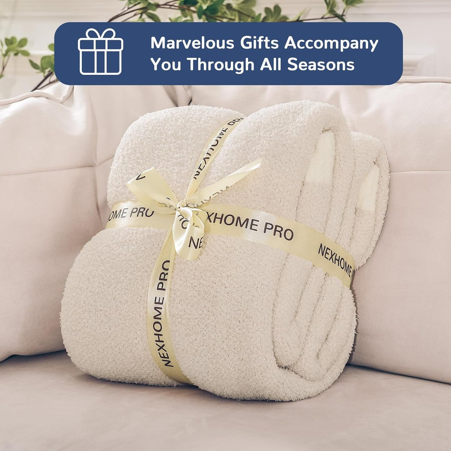 NEXHOME PRO Super Soft Blanket for Women, Cozy Blanket Warm Reversible Knit Lightweight Throws for Couch, Sofa Bed, Picnic, Heather Ivory, 50 x 60 inches