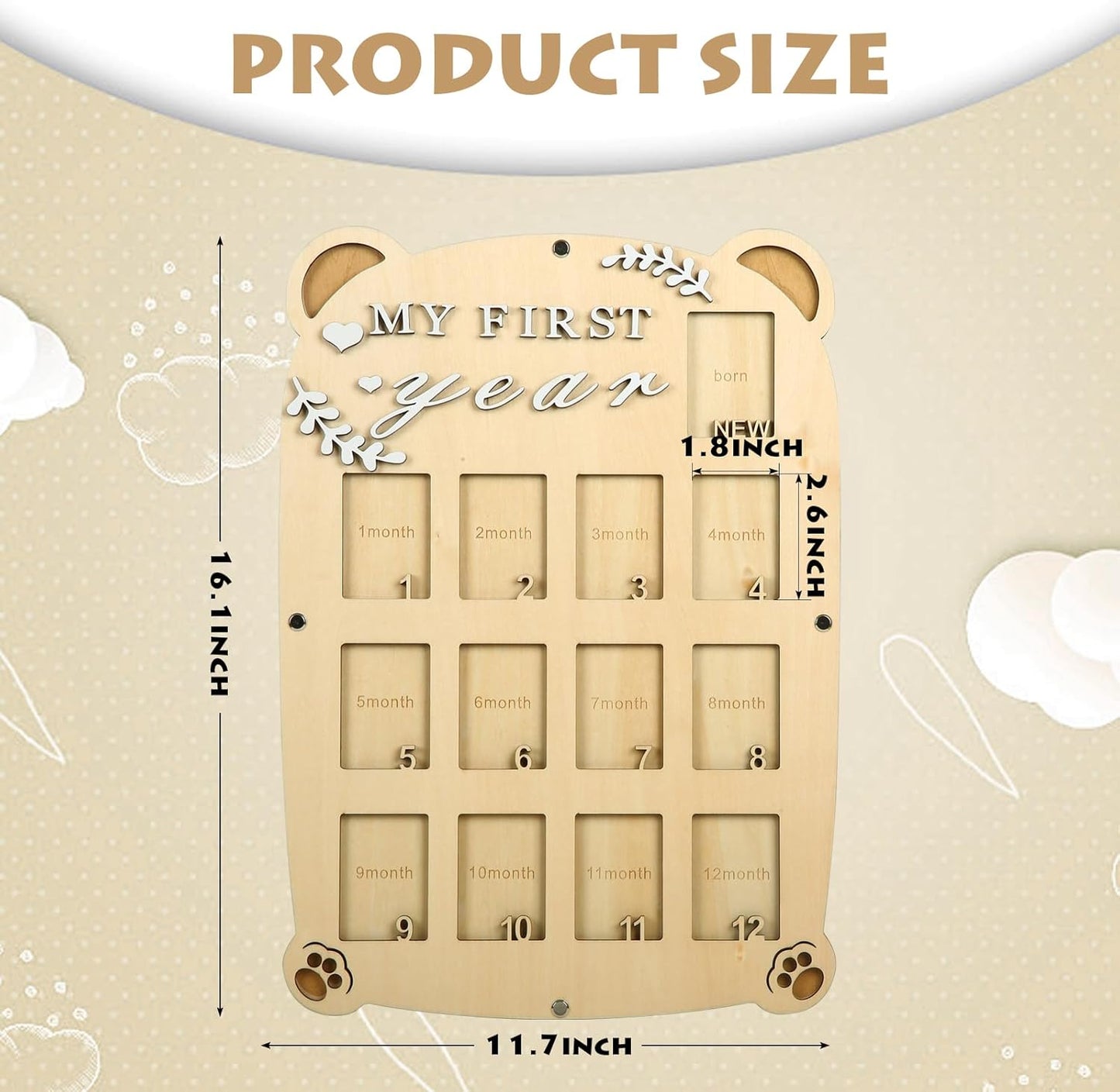 My First Year Picture Frame,One Year Of Photo Board, Baby's First Twelve Months Photo Collage and Gender Neutral Keepsake, Ideal for Baby Shower,New Mom Keepsake Gift and Nursery Decor - With Stand (Cat sign)