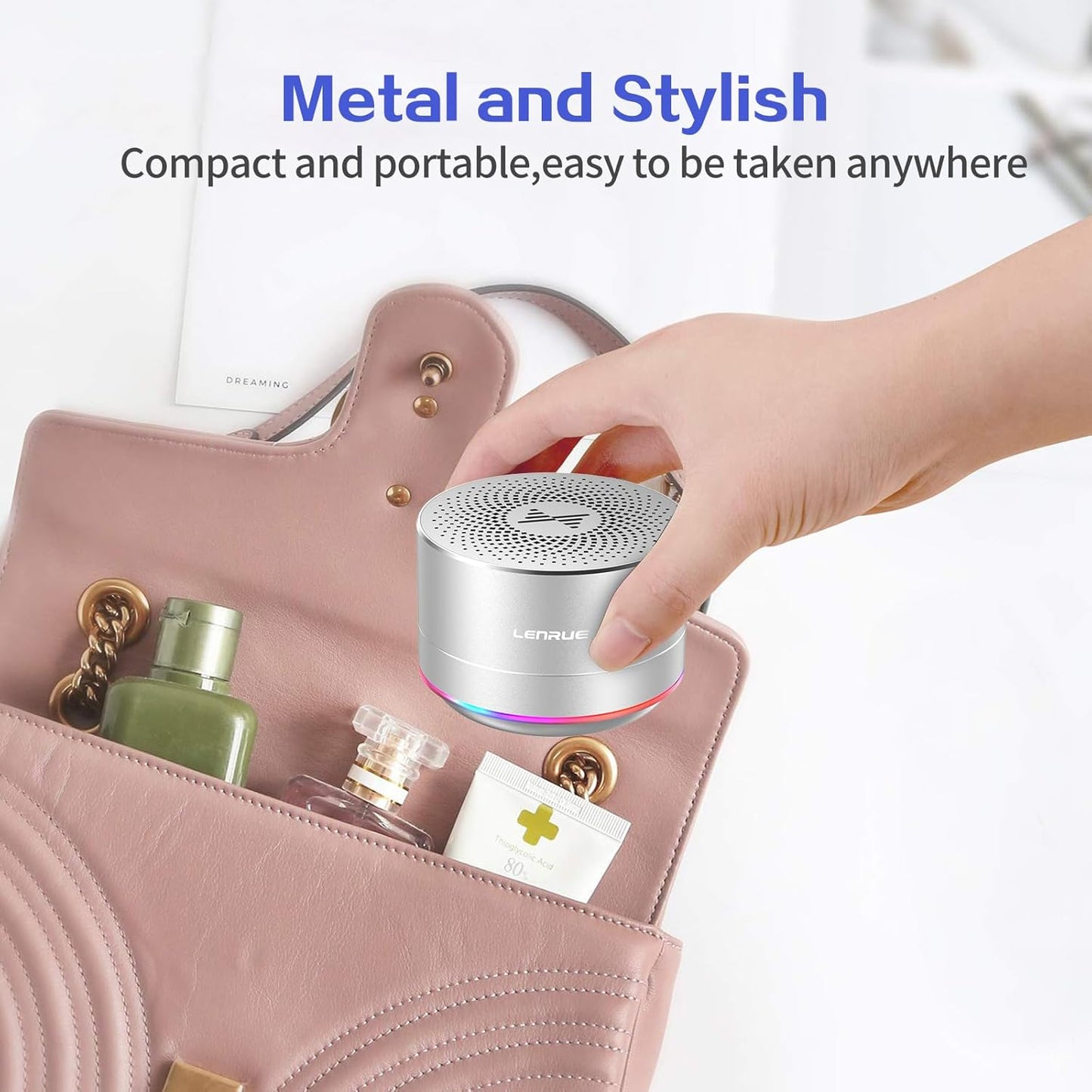 LENRUE Portable Wireless Bluetooth Speaker with Built-in-Mic,Handsfree Call,AUX Line,HD Sound and Bass for iPhone Ipad Android Smartphone and More (Silver)