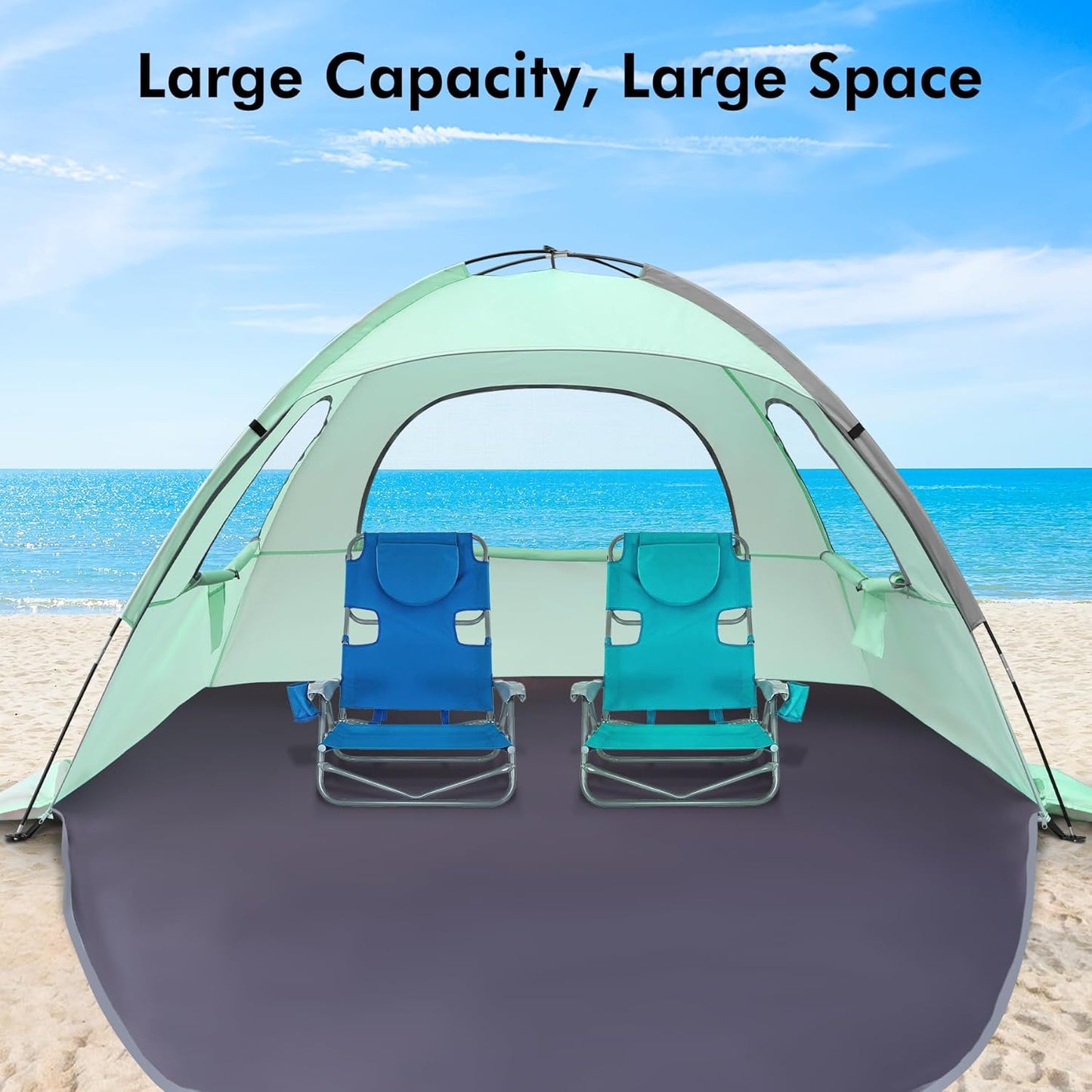 WhiteFang Beach Tent Anti-UV Portable Sun Shade Shelter for 3/4/6/8 Person, Extendable Floor with 3 Ventilating Mesh Windows Plus Carrying Bag, Stakes and Guy Lines
