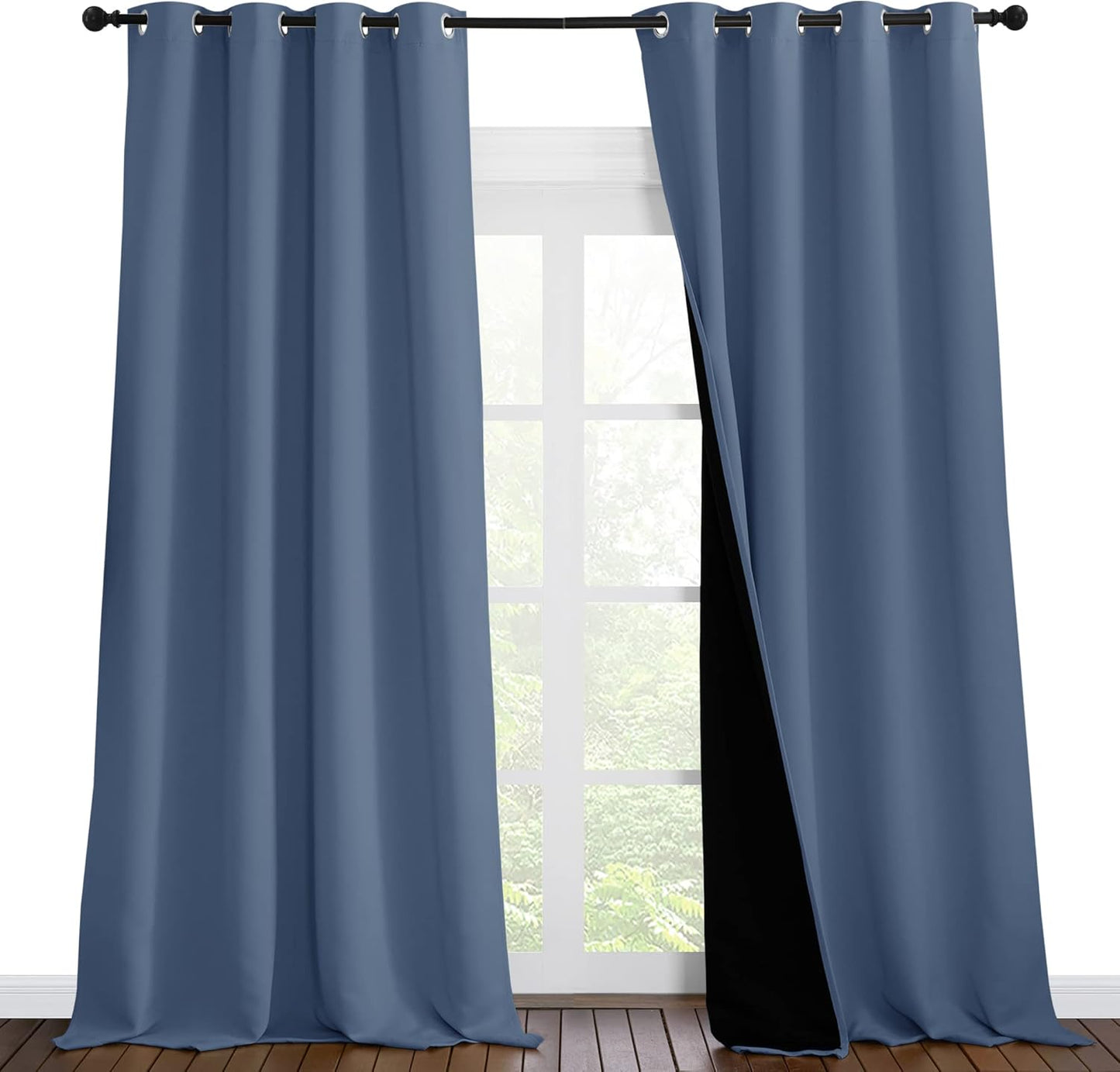 NICETOWN Insulated 100% Blackout Curtains, Noise Reducing Performance Drapes with Black Lining, Full Light Blocking Draperies for Overnight Shift Worker (Stone Blue, 1 Pair, 55 inches x 96 inches)