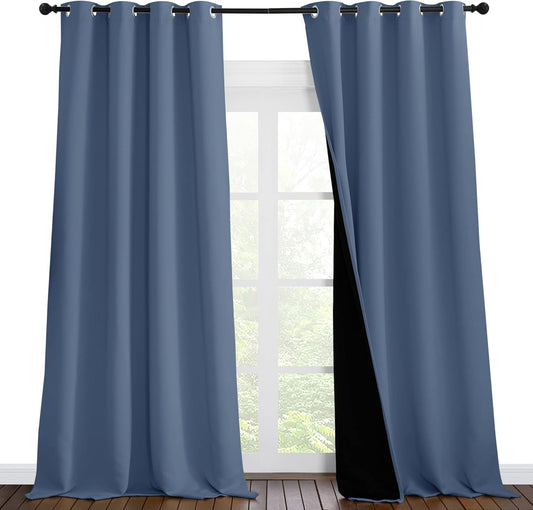 NICETOWN Cold Reducing Curtains, 100% Sun Blocking Curtains, Sound Proof Drapes with Black Backing, Full Light Blocking Panels for Patio Sliding Door (Stone Blue, 1 Pair, 55 inches x 102 inches)