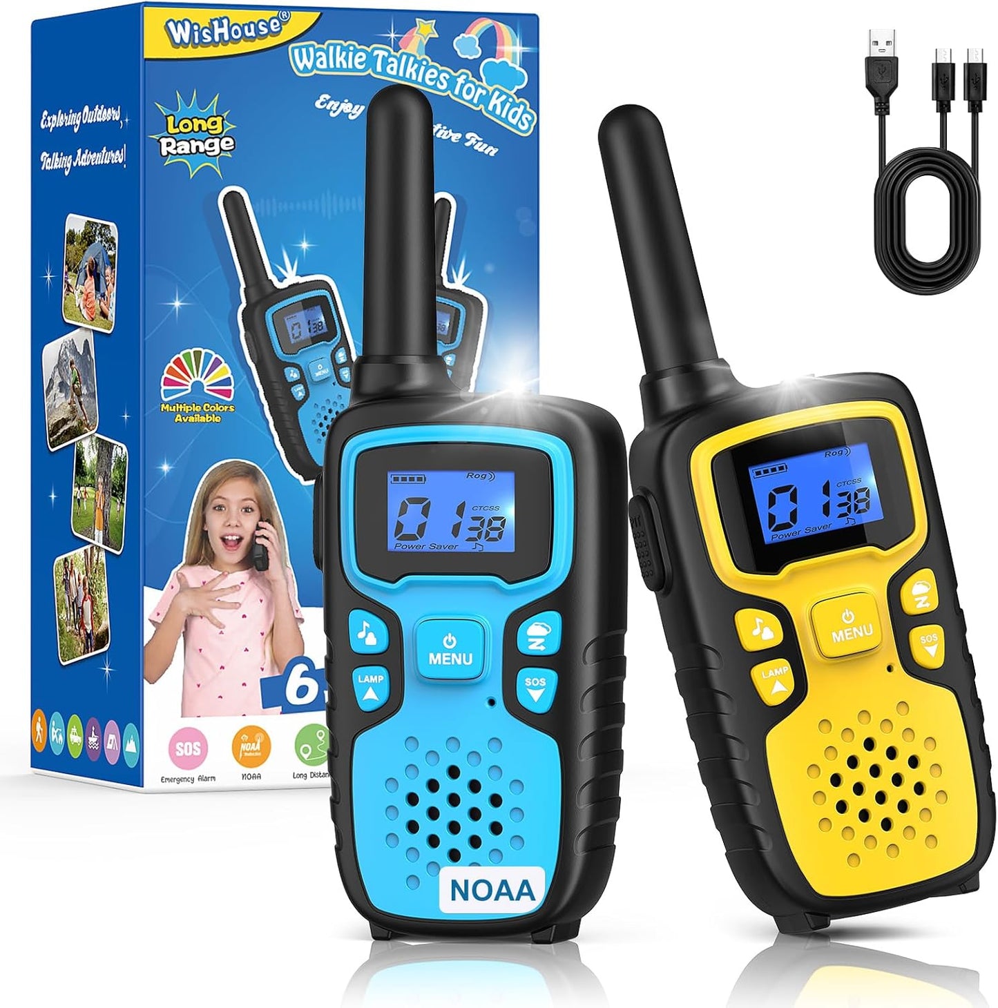 Wishouse Walkie Talkies for Kids Rechargeable Long Range,Xmas Birthday Gift for 4 5 6 7 8 9 Year Old Boys Girls,Hiking Gear Camping Games Cool Toys with NOAA,SOS Siren,Lamp,Lanyards,2 Pack Blue Yellow