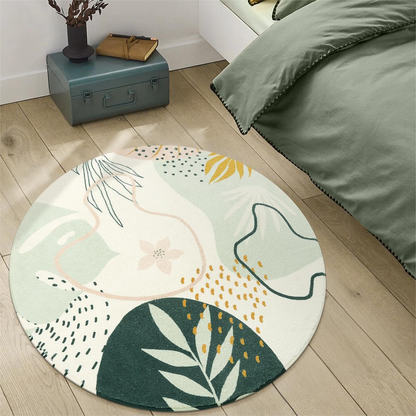 Lahome Boho Round Area Rug - 3Ft Washable Non-Slip Bathroom Rug, Green Botanical Print Carpet for Bedroom, Living Room, Entryway