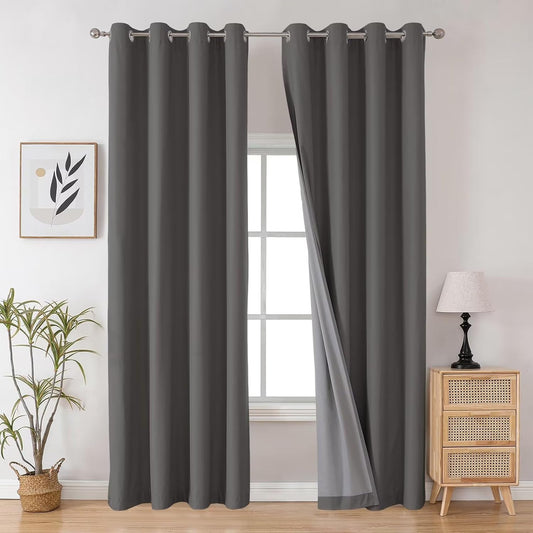 Joydeco Dark Grey Blackout Curtains 96 Inches Long for Bedroom, Room Darkening Black Curtains 96 Inches Long 2 Panels Set, Grommet Thermal Insulated 96 Inch Black Out Drapes 2 Panels for Bedroom