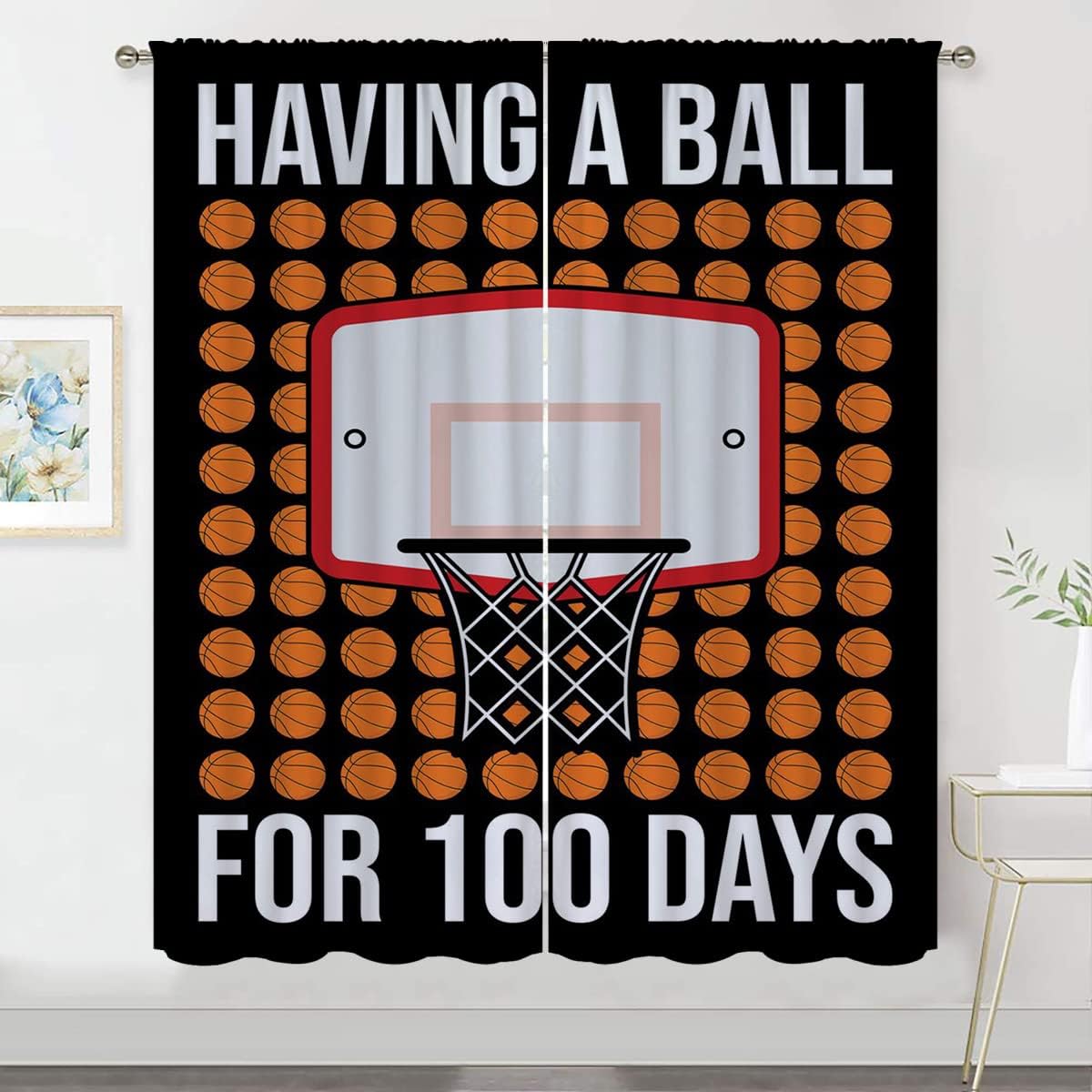 Basketball Blackout Curtains for Boy Girl Room Darkening Decor,Sports Themed Hoop and Many Basketballs Bedroom Living Room Home Rod Pocket Thermal Insulated Window Curtain/Drapes Panel,55x63 Inch…