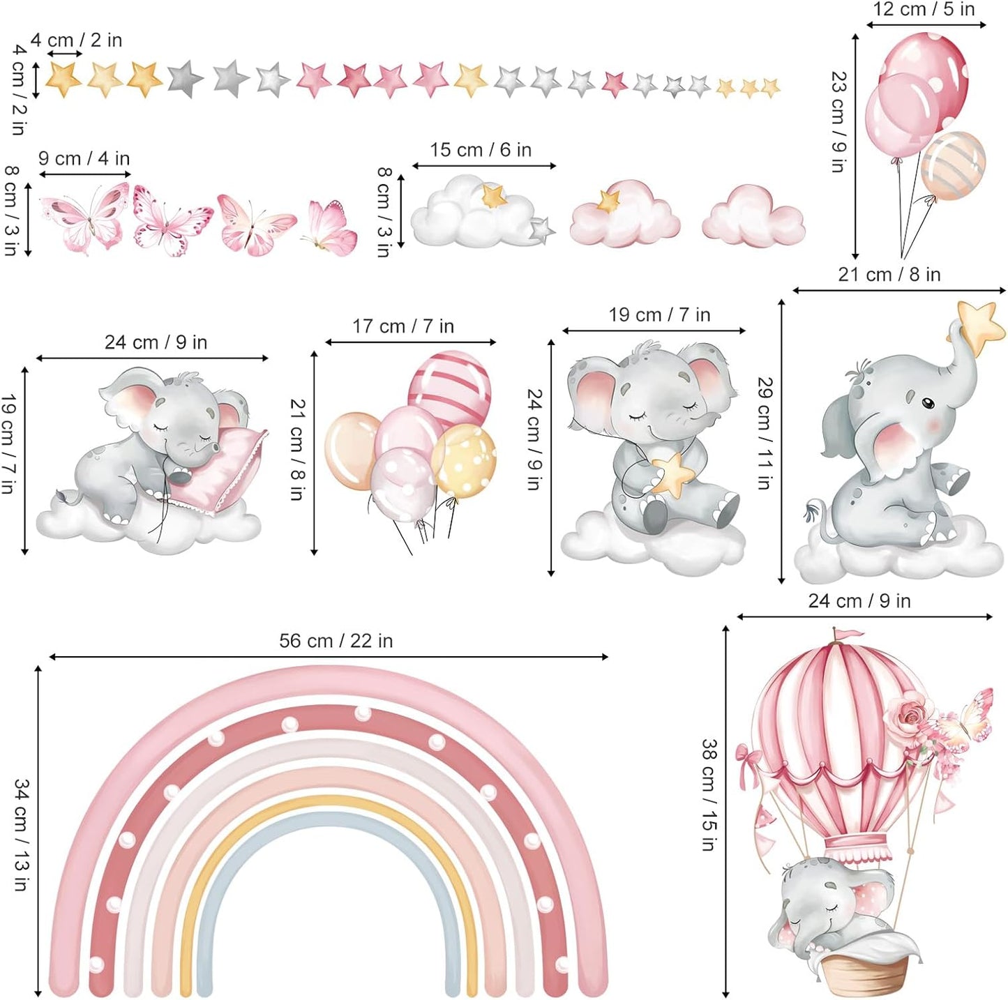 decalmile Pink Rainbow Elephant Wall Stickers Hot Air Balloon Animals Clouds Stars Wall Decals Baby Nursery Kids Bedroom Daycare Wall Decor