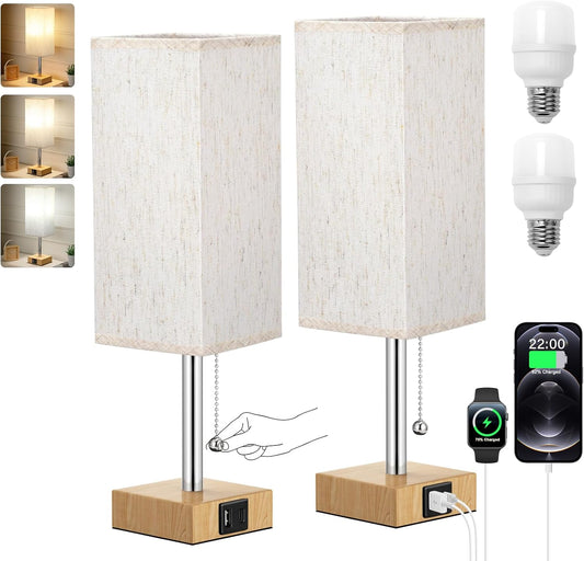 Wood Grain Bedside Table Lamps Set of 2 - Bedroom Lamps with 3 Color Temperatures (3000K/5000K/4000K), Square Nightstand Lamp with USB C + A Charging Ports