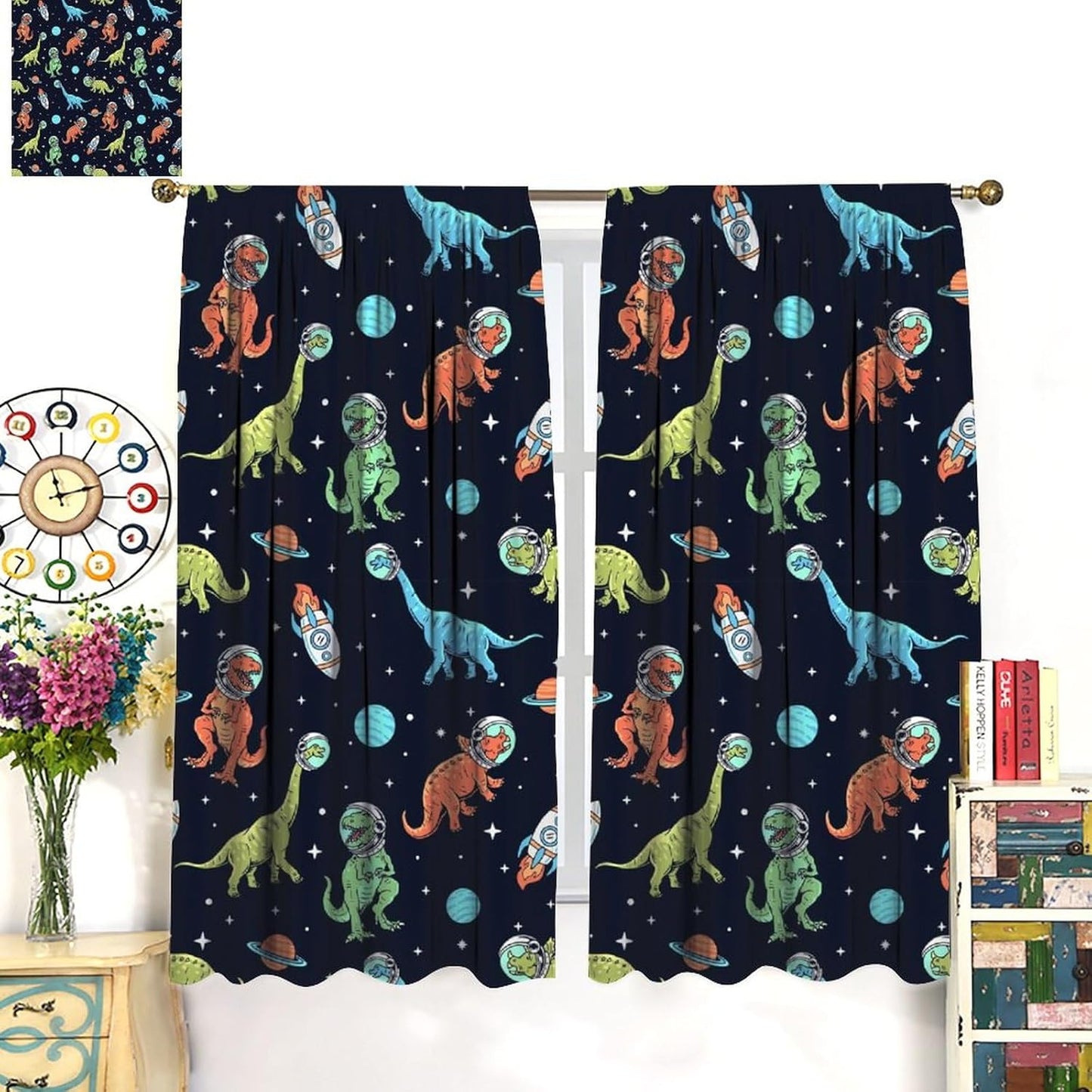 Cartoon Dinosaur Curtains for Kids Boys Girls Home Decor, Astronaut Rocket Funny Outer Space Blackout Rod Pocket Window Drapes for Bedroom Living Room W31.5xL72in 2 Panels