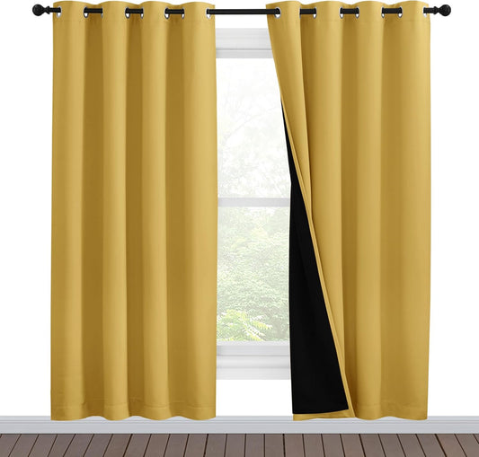 NICETOWN Bright Yellow Full Shade Curtain Panels, Pair of Energy Smart & Noise Blocking Out Blackout Drapes for Dining Room Window, Thermal Insulated Guest Room Lined Window Dressing, 55 x 78 inch
