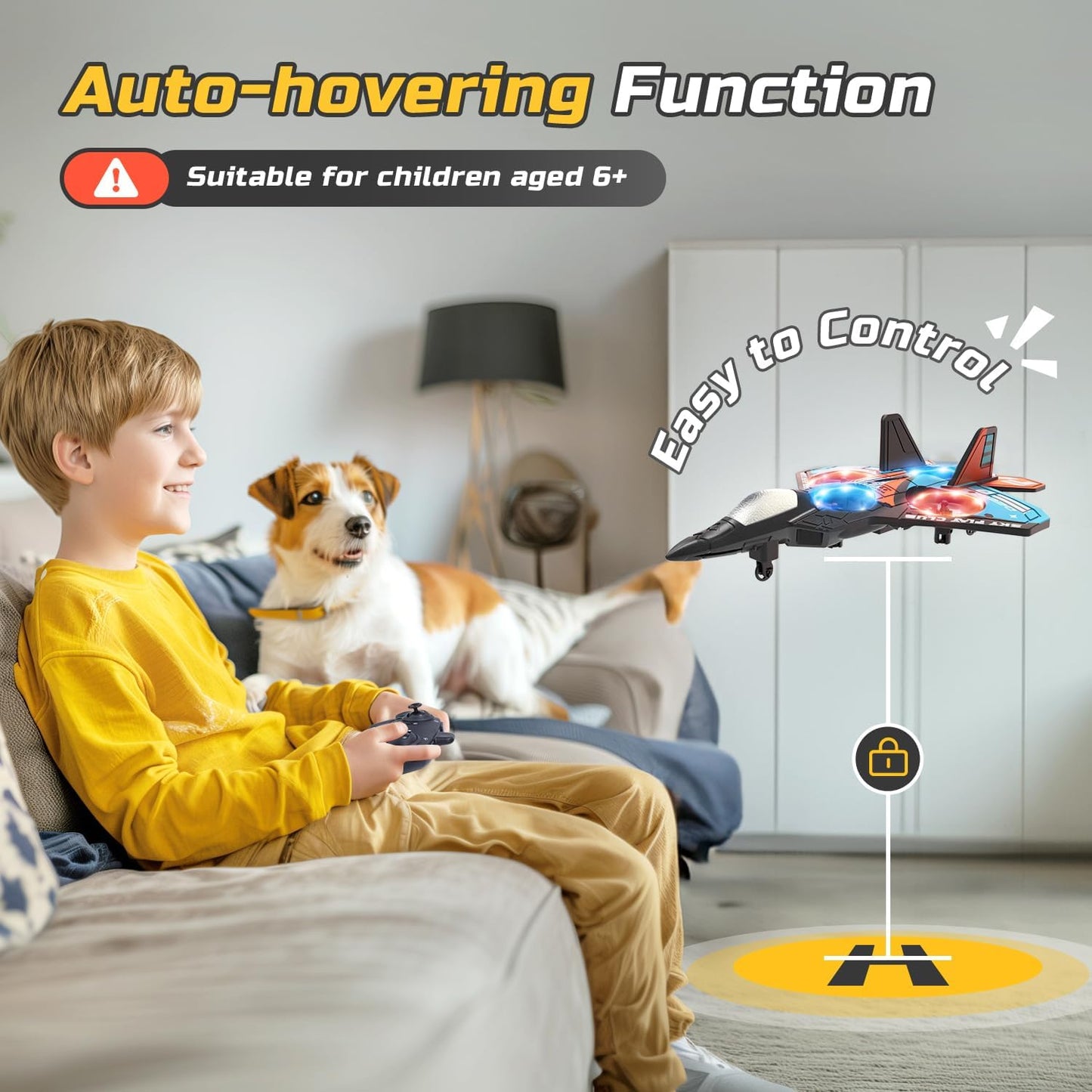Foam RC Plane Drone for Kids, Remote Control Airplane Fighter Jet with LED Light, Auto Hover, 360°Flip, 2 Batteries (16 Mins Flight), Easy-to-Fly Helicopter Toy for Beginners