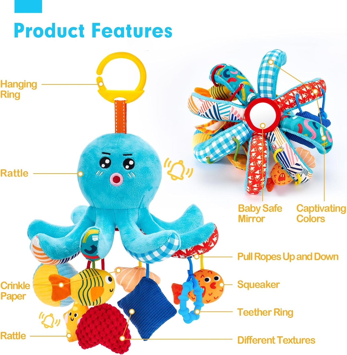 hahaland Baby Toys 0-6 Months - Car Seat Toys Octopus Toy with Pulling Cords, Squeaky, Crinkle, Rattle, Mirror, Montessori Newborn Sensory 4 Month Babies Gift Stroller Carseat Hanging Toy for Baby Gym