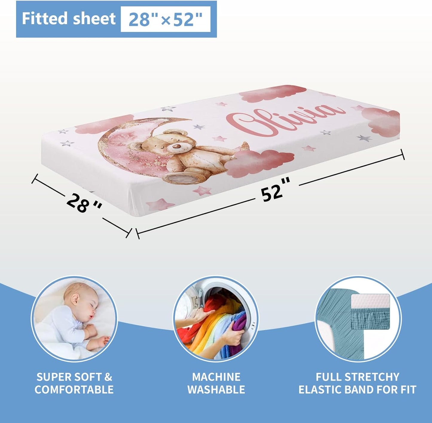 Custom Baby Crib Set, 5 Pcs Personalized Name Pink Bear Theme for Infants Toddlers, Nursery Bedding for Girls, Double Layer Customized Gifts