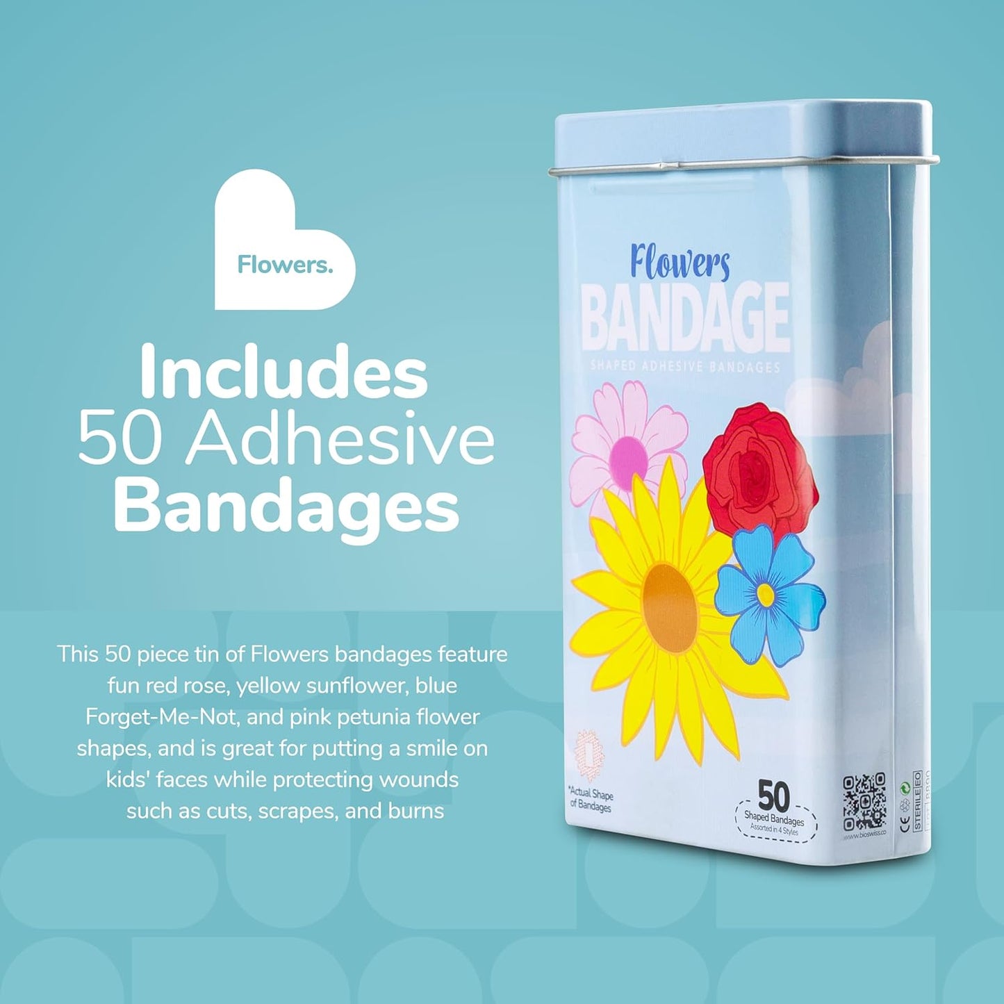 BioSwiss Bandages, Flowers Shaped Self Adhesive Bandage, Latex Free Sterile Wound Care, Fun First Aid Kit Supplies for Kids and Adults, 50 Count