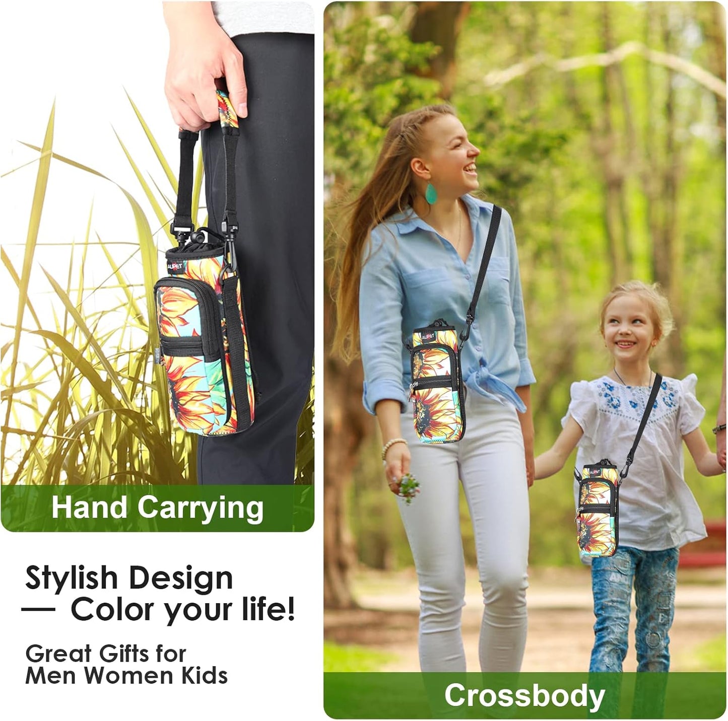 AUPET Water Bottle Sling Bag Sleeve Holder Carrier 25/32/40/64 oz,Insulated Crossbody Water Bottle Case Cover with Strap and Pockets for Men/Women Walking Hiking