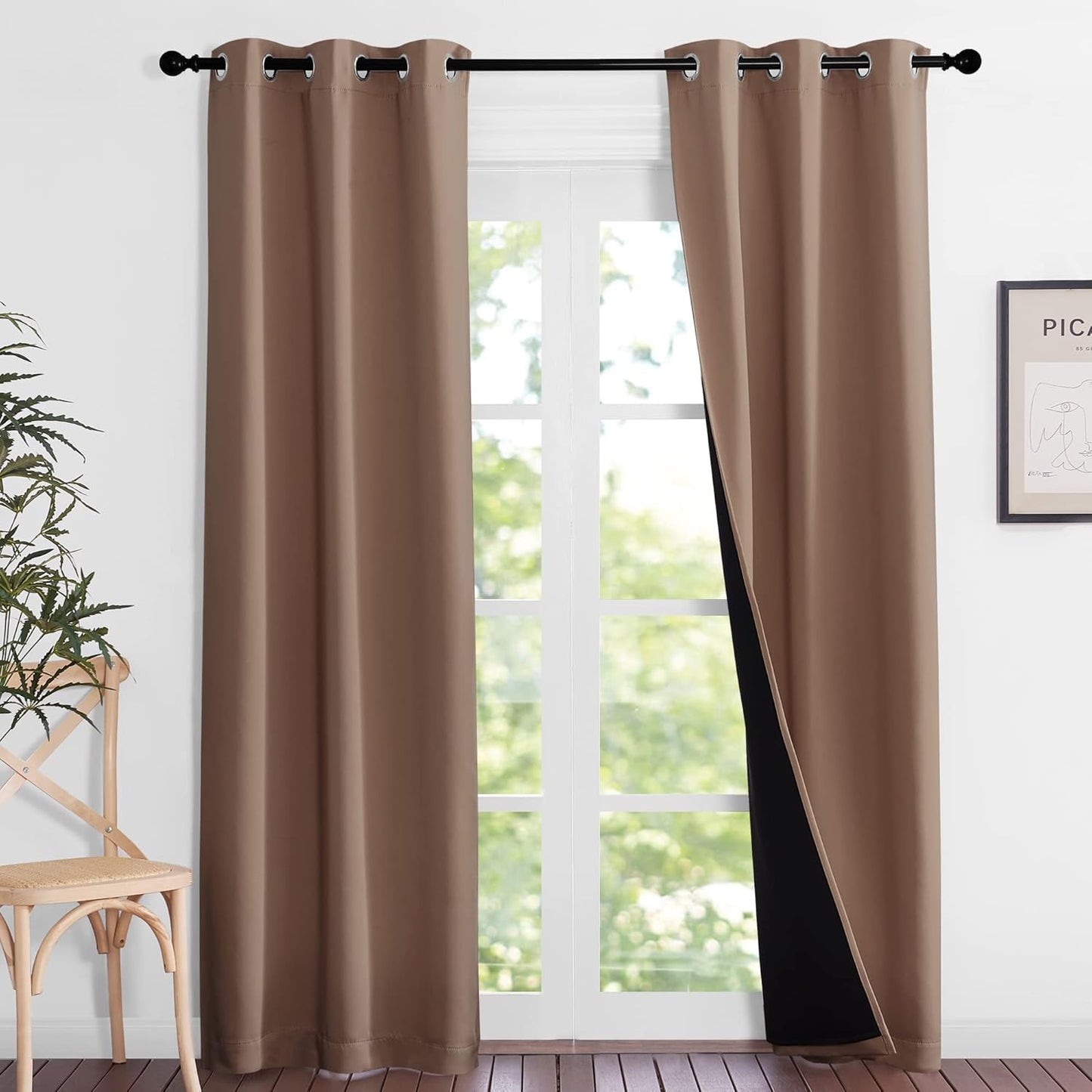 NICETOWN Living Room Completely Shaded Draperies, Privacy Protection & Noise Reducing Ring Top Drapes, Black Lined Insulated Window Treatment Curtain Panels(Cappuccino, 2 Pieces, W37 x L84)