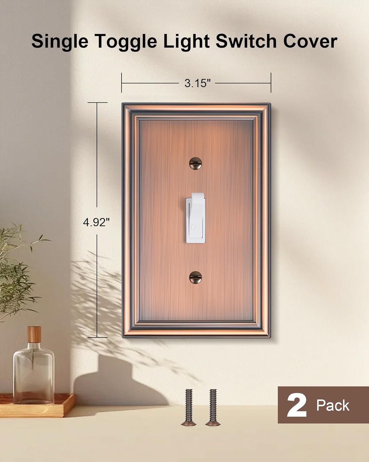2-Pack Single Toggle Light Switch Cover Plate, Durable Solid Zinc Alloy Decorative Switch Plate Covers, Antique Copper 1 Gang Wall Plate, Corrosion Resistant