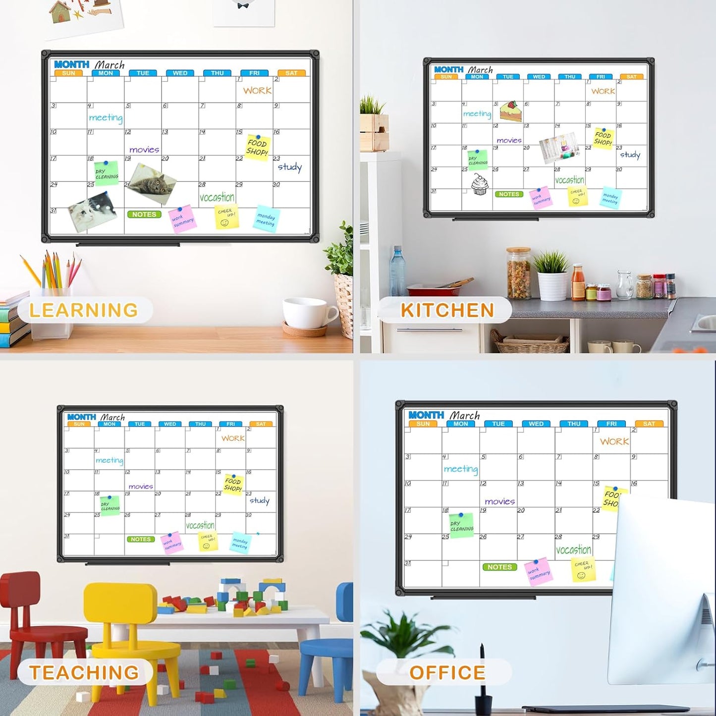 JILoffice Dry Erase Calendar Whiteboard - Magnetic White Board Calendar Monthly 24 X 18 Inch, Black Aluminium Frame Wall Mounted Board for Office Home and School