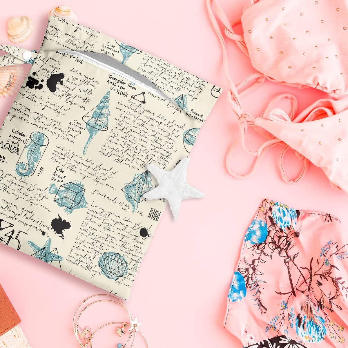 Wet Bag, Wet Dry Bag, Wet Bag for Swimsuit, Travel, Beach, Pool, Diapers, Dirty Yoga Gym Clothes, Makeup Bag, Waterproof Reusable Beach Bag Ocean Decor Starfish Sea Horse Anchor