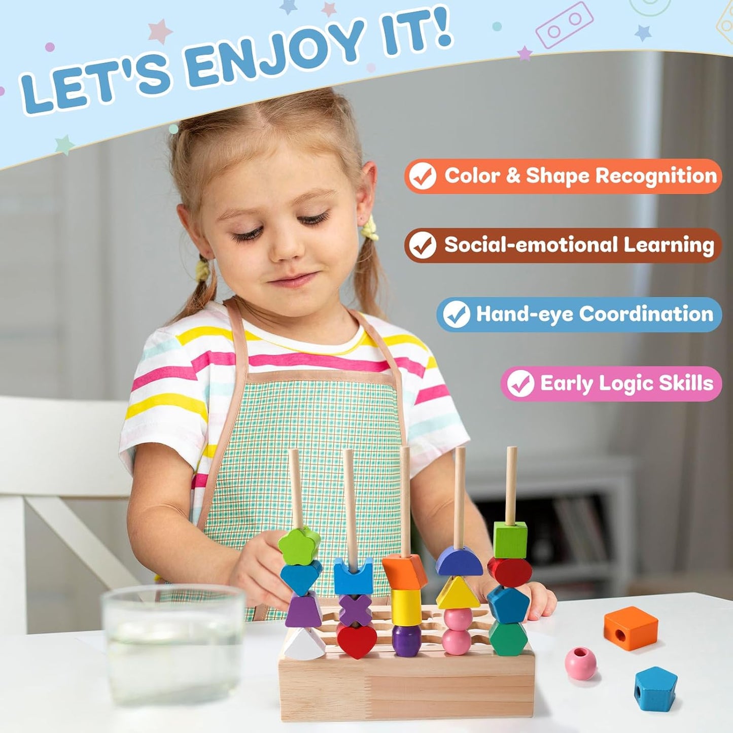 3 in 1 Montessori Wooden Beads Sequencing Toy Set - Color Sorting Stacking Geometric Shape Matching Game Beads Sequencing Toy Lacing Beads Stem Fine Motor Skills for Toddlers