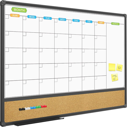 JILoffice Magnetic Calendar Whiteboard & Bulletin Corkboard Combination, Combo Board 36 x 24 Inch, Black Aluminum Frame Wall Mounted Board for Office Home and School with 10 Push Pins
