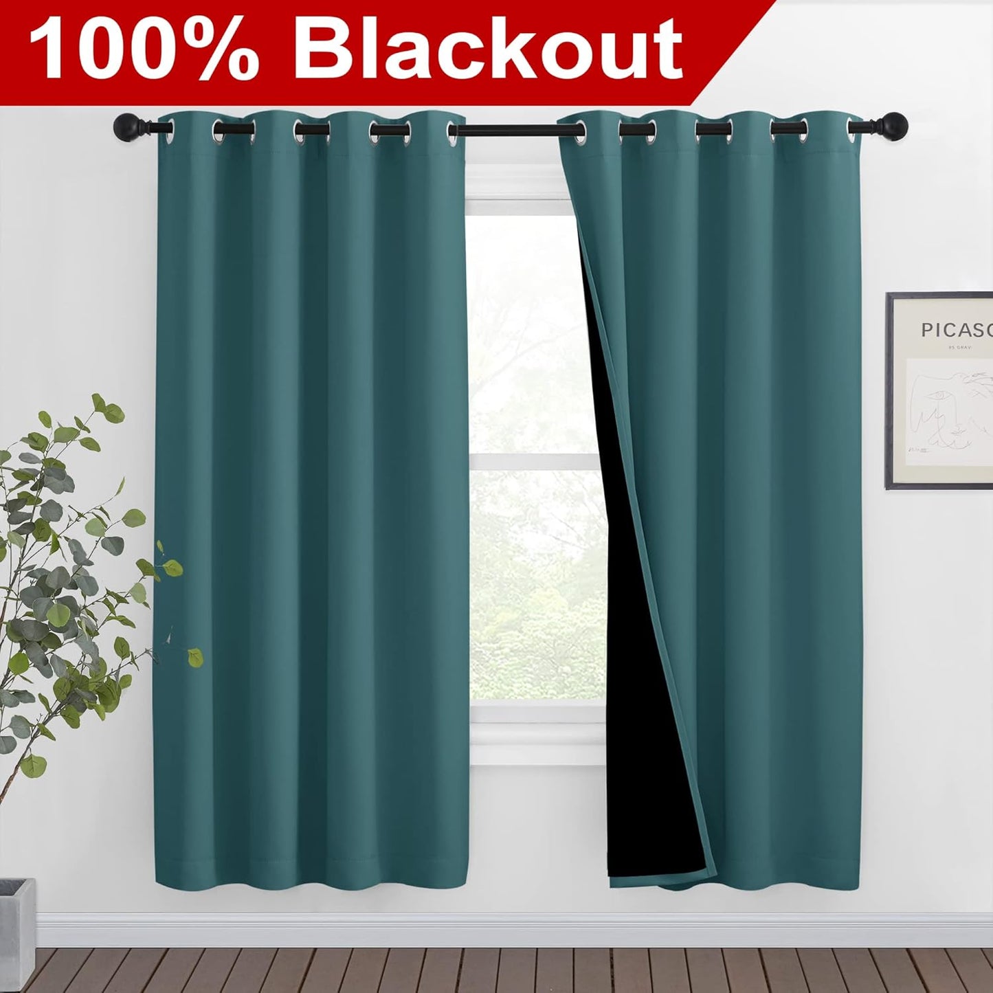 NICETOWN Full Shade Curtain Panels, Pair of Energy Smart & Noise Blocking Out Blackout Drapes for Apartment Window, Thermal Insulated Guest Room Lined Window Dressing(Sea Teal, 46 x 72 inch)
