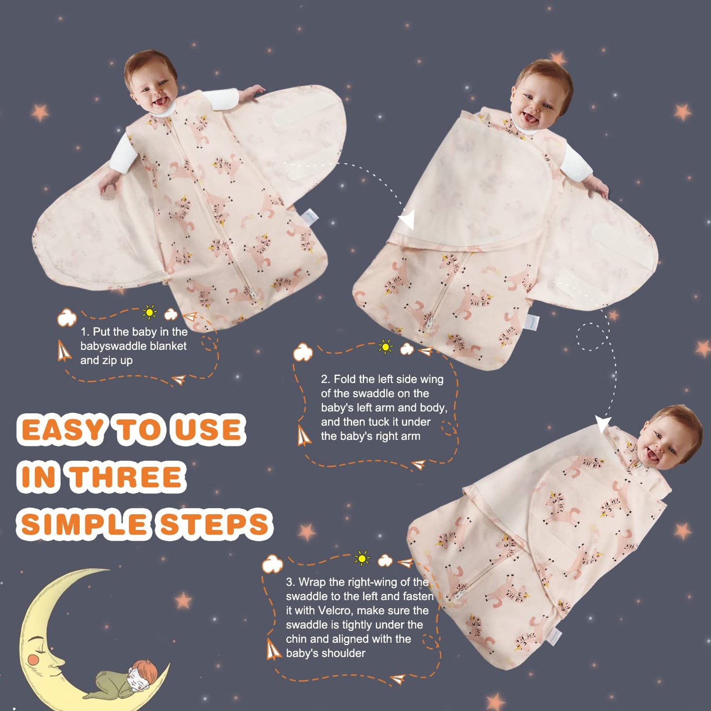Swaddle-Blanket Baby Girl & Boy Swaddles Newborn Infant Transition 100% Cotton Wrap Blankets, 3-Way Adjustable Wearable Blanket, TOG 1.0 (Happy Unicorn, 3-6 Month)
