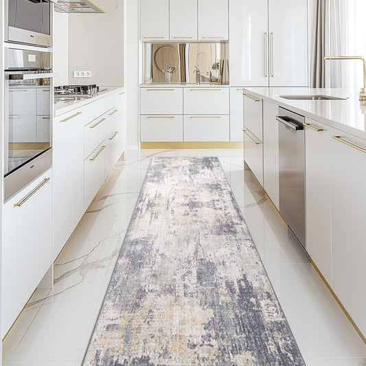 Washable Area Rugs 2'x10' Non-Slip Modern Abstract Soft for Living Room Entryway Bedroom Nursery, Print Pattern, Purple Grey Cream Yellow