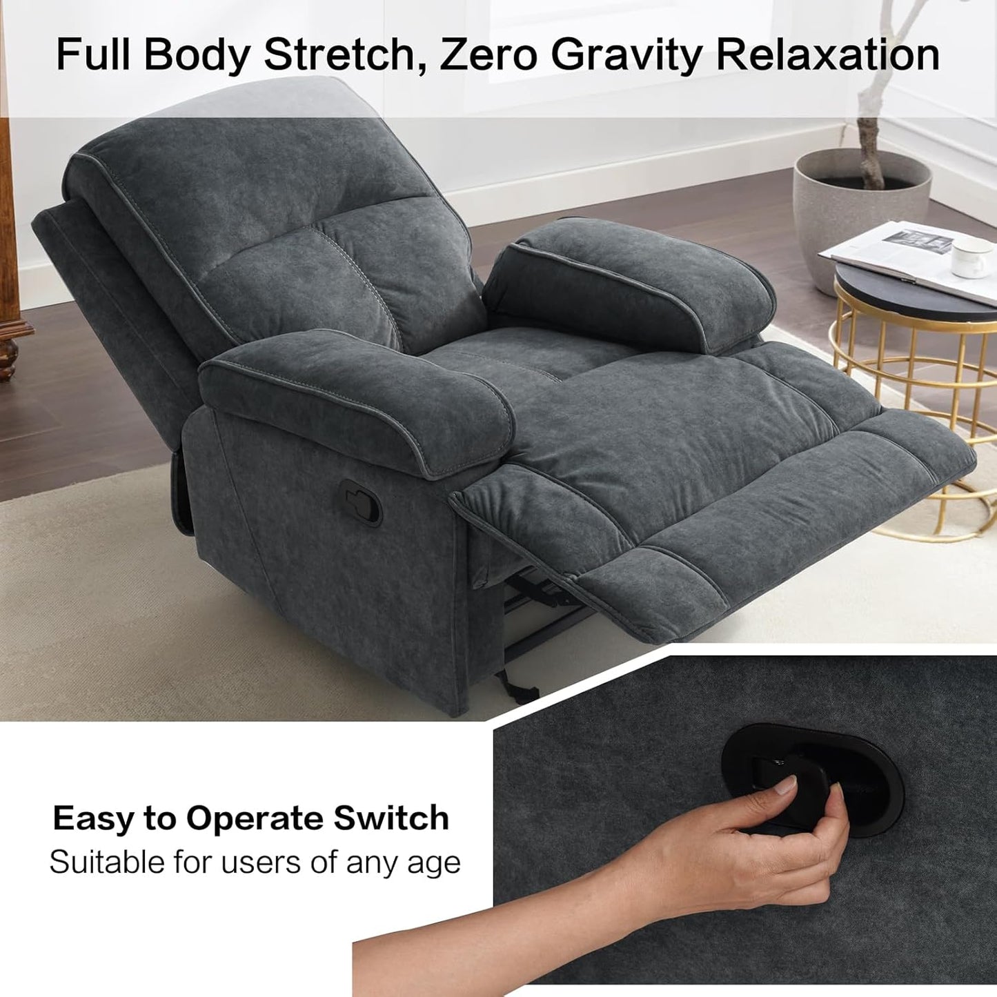 Nursery Glider Recliner Rocking Chair with Extra Large Footrest,Velvet Upholstered Nursing Chair for Breastfeeding for Living Room, Bedroom, Nursing Room (Style A, Dark Grey)