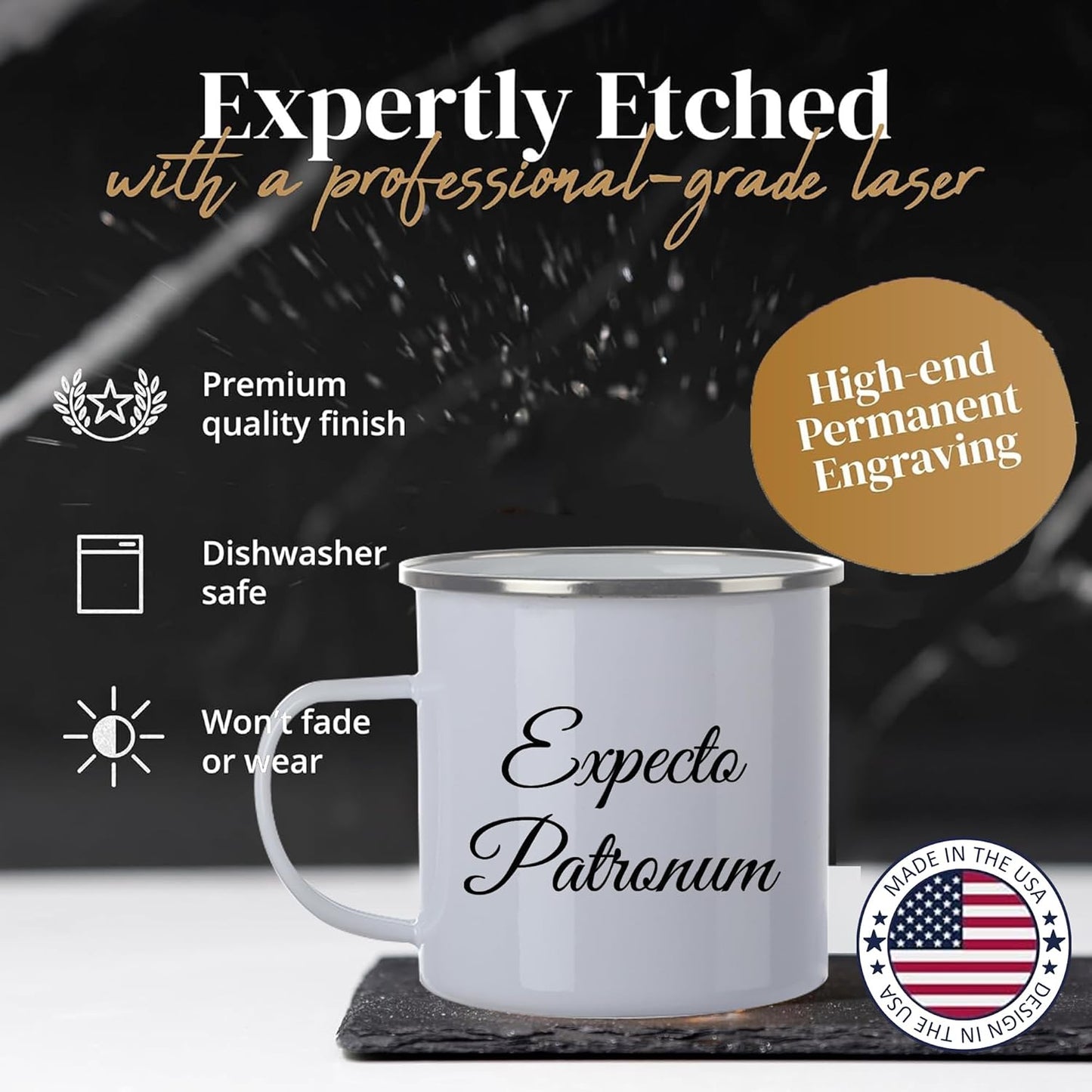 Custom Camping Mug, Personalized Stainless Steel Coffee Mugs With Text, 15oz Metal Campfire Cups, Travel Cup for Hot Chocolate, Tea, Engraved Gifts for Men, Women (Engraved Custom Text, White Metal)